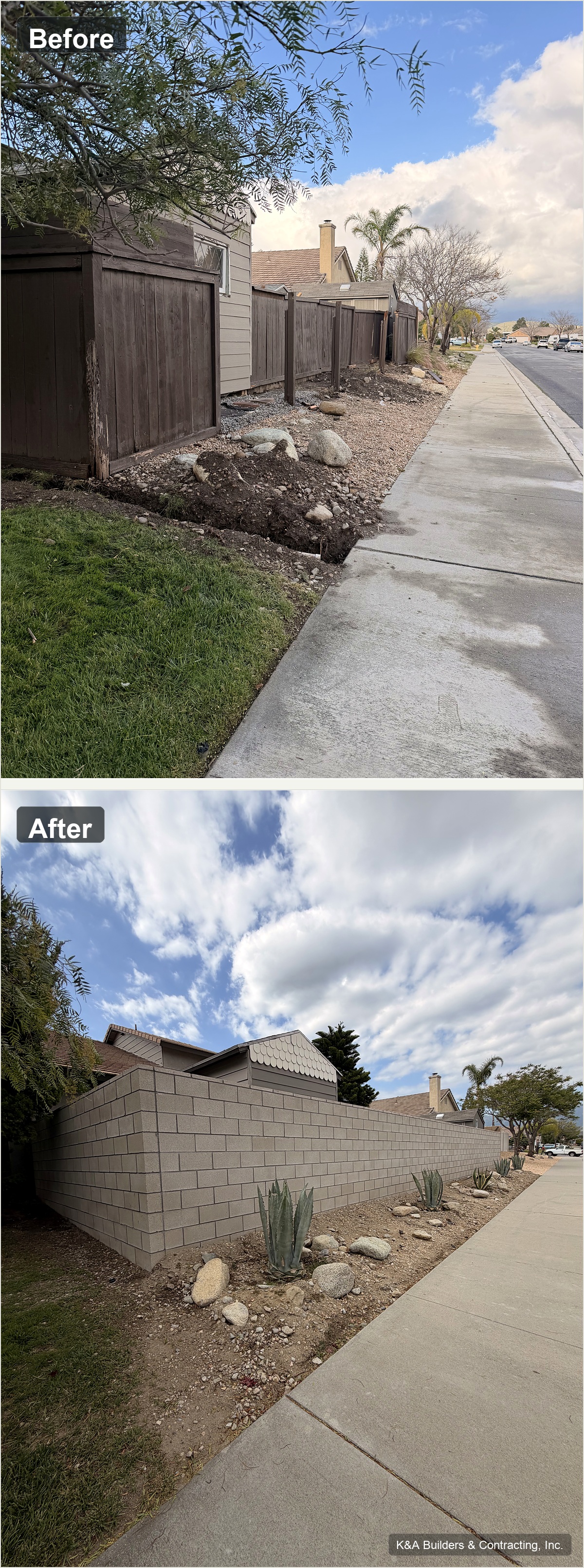 Rialto property after masonry work with a completed gray concrete block wall